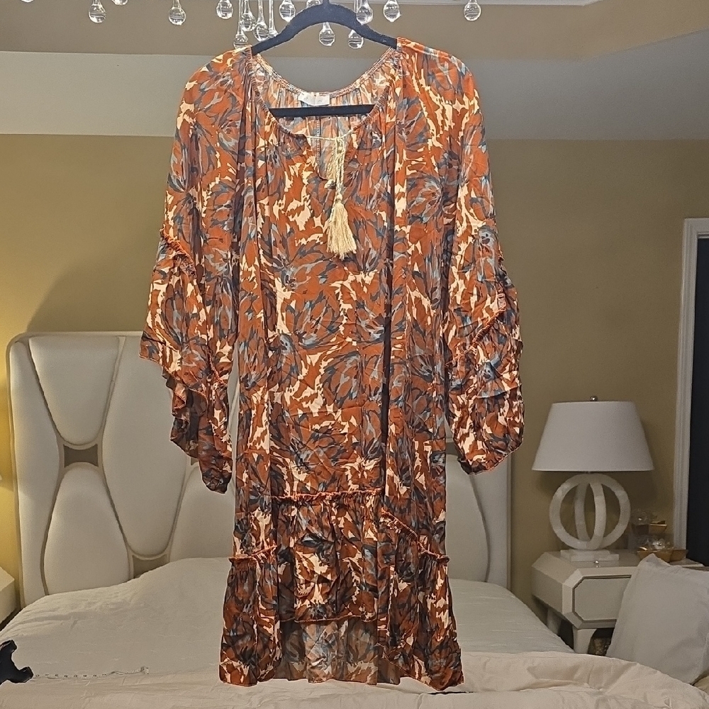 Made In Italy Viscose Floral Asymmetrical Dress in Brown and Teal Size XL